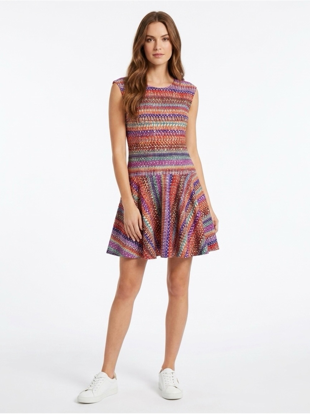 [CeCe] Bitsy Flounce Print Rainbow Stripe Dress